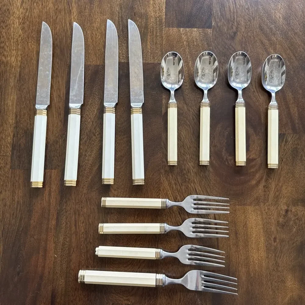 12 Mikasa Jack Lenor Larsen Navarro Knives Spoons Flatware Vintage 1980’s
